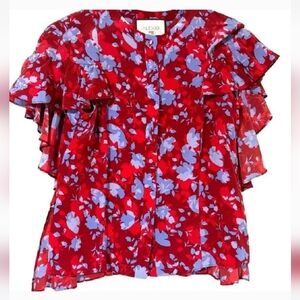 Alexis Danijela 100% Silk Red Floral Button Front Cape Blouse
